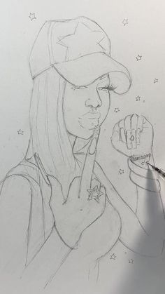 a drawing of a girl with a baseball cap on her head holding a toothbrush