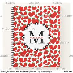 a personalized notebook with strawberries on it and the initial m is for madison