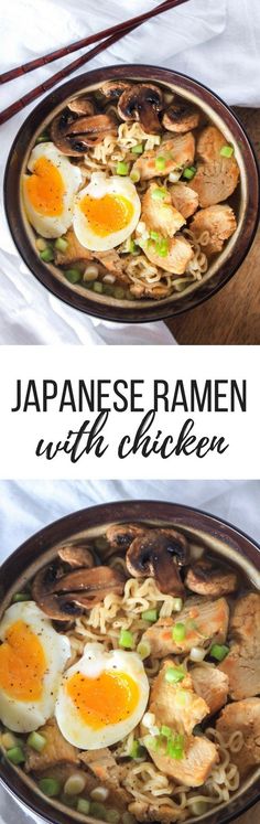 japanese ramen with chicken and vegetables in a bowl