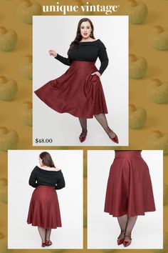 This lovely 1950's style plus size swing skirt is crafted in a burgundy woven fabric. Complete with a back zipper and side pockets..Available in sizes XS-5X while supplies last. | Unique Vintage Plus Size 1950S Burgundy High Waist Vivien Swing Skirt | Size 2X/18 Plus Size Academia Fashion, Burgundy Weave, Vintage Plus Size, 1950s Fashion, Unique Vintage, Plus Size Fashion, Woven Fabric, High Waist