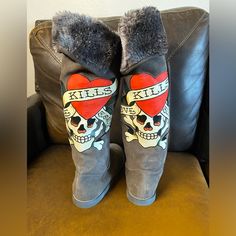 I Got These Probably Sometime In The Late 1980’s-1990s.Never Worn Them. They’re Literally Brand New Without The Box. I Hope Someone Will Enjoy Them!!! Ed Hardy Boots, Ed Hardy Art, 2000 Shoes, New Rock Shoes, Mcbling Fashion, 2000s Clothing, Xmas 2024, New Boots, 2000s Fashion Outfits