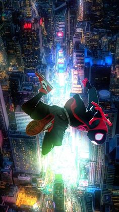 spider - man into the spider - verse is flying high in the air over a city