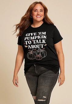 Plus Size Give Em Pumpkin To Talk About Oversized Fit Graphic Tee | maurices New Jeans Top, Plus Swim, Adaptive Clothing, Skirt Crop, Curvy Jeans, Maternity Shops, Feel Pretty, Shoes With Jeans, Midi Maxi Dress