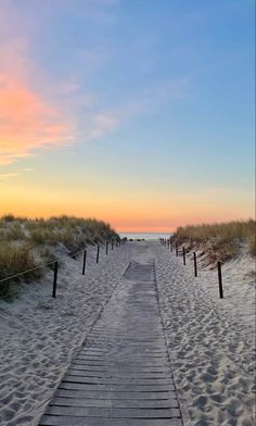 a wooden walkway leading to the beach at sunset with grass and sand dunes in the background