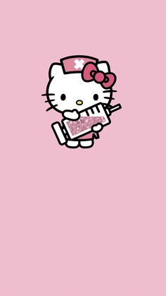 a hello kitty holding a toothbrush in her right hand on a pink background with the words hello kitty above it