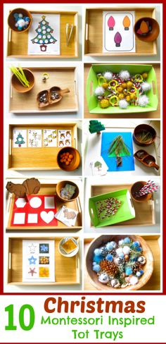 christmas montessori inspired for trays with different items on them and the words 10 christmas