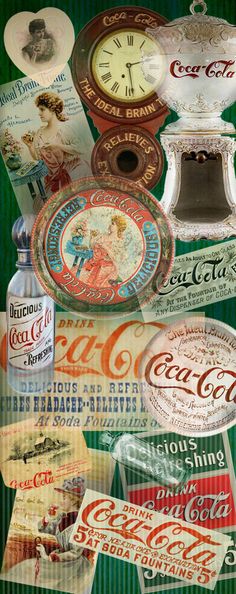 a collage of coca - cola advertisements with clocks and other advertising related items on them