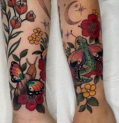 two tattoos with flowers and butterflies on their legs, one has a frog sitting on the flower