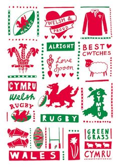 some red and green stickers are on a white background, with the words wales written in