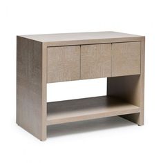 the side table is made from wood and has two drawers on one end, and an open shelf at the top