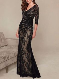 Sheath / Column Open Back Formal Evening Dress Plunging Neck 3/4 Length Sleeve Floor Length Lace with Ruched 2022 2024 - $191.99 Floor Length Lace Dress, Evening Dresses Online, Mother Of Groom Dresses, Cheap Evening Dresses, فستان سهرة, Mother Of The Bride Dress, Groom Dress, Dress Elegant, Chiffon Lace