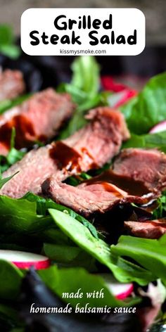 grilled steak salad made with homemade balsamic sauce is ready to be eaten