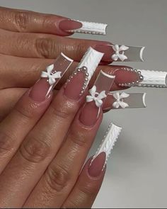 Unghie Nail Art, Graduation Nails, Pearl Nails, White Nail Designs, Unique Acrylic Nails, Long Square Acrylic Nails, Pink Acrylic Nails, New Year's Nails