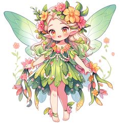 a little fairy with flowers on her head and wings, standing in front of a white background