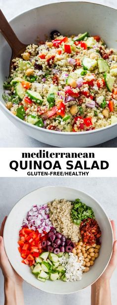 two pictures showing different types of food being cooked in a skillet and then topped with quinoa salad