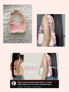 the crochet ruffle bag pattern is shown in pink and white, along with instructions for how to make it