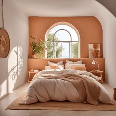 a bedroom with an arched window, bed and rugs on the floor in front of it