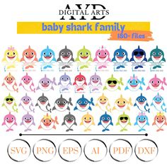 the baby shark family is shown in different colors and sizes, including one for each child