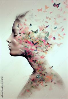 a woman's profile with butterflies flying around her head and the image is made up of