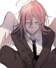 an anime character with pink hair and angel wings on his head, wearing a tie