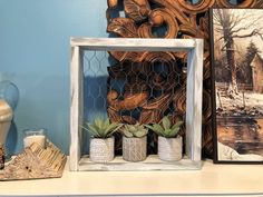 some plants are sitting on a shelf next to two pictures and a vase with succulents in it