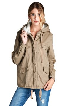 Faux Fur-Lined Contrast Anorak Parka Jacket in Khaki Anorak Jacket Outfit, Utility Fashion, Faux Fur Hoodie, Parka Style, Anorak Jacket, Plus Size Leggings, Leggings Design, Fur Fashion, Parka Jacket