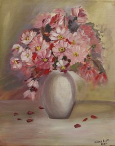 a painting of pink flowers in a white vase on a table with petals scattered around