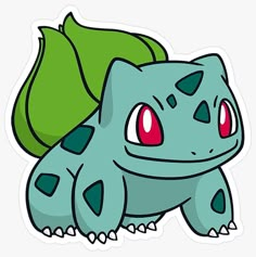 a blue and green pokemon sticker with red eyes