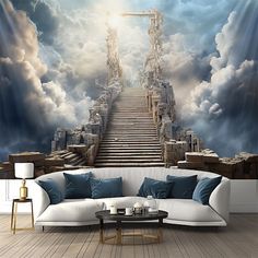 a living room scene with stairs leading up to the sky and clouds in the background