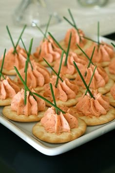 small crackers topped with salmon on top of a white plate filled with crackers