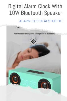 the alarm clock speaker is on display in front of a woman laying down with her eyes closed