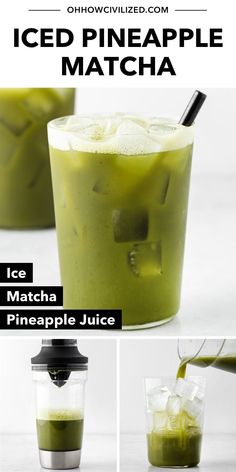 an iced pineapple matcha recipe is shown in three different shots, including one with ice