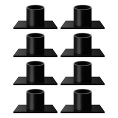 six black plastic cups are placed next to each other on the same square plate,