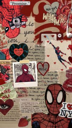 the collage has many different pictures and words on it, including spider - man