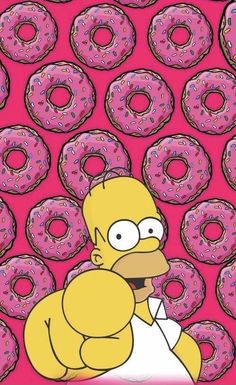 the simpsons is surrounded by donuts in front of pink and yellow background with images of doughnuts