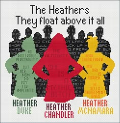 the heaters cross stitch pattern with words on it and an image of three people in different colors