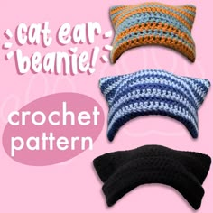 three crochet pillows with the words cat ear beanie