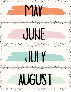 three months of the year with different font styles and colors on each month, including orange, pink, blue, green, yellow