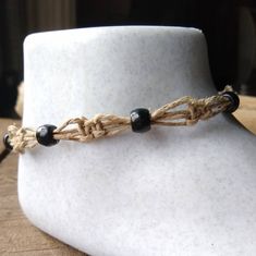 Natural Hemp Color With Black Beads With Bead Closure. Hemp Anklet, Aquamarine Bracelet Beads, Macrame Crafts, Halloween Charm Bracelet, Rose Quartz Bracelet Beads, Aquamarine Beads, Braided Leather Bracelet, Rose Quartz Beads, Toggle Bracelet