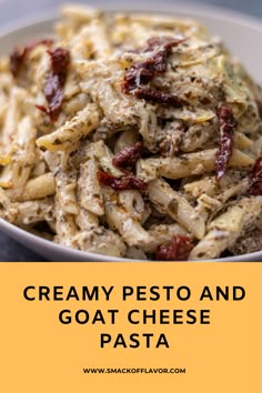 creamy pesto and goat cheese pasta in a white bowl with the words, creamy pesto and goat cheese pasta