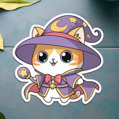 a sticker with a cat dressed as a witch