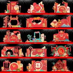 an assortment of chinese new year's decorations on red shelves with black background and gold lettering