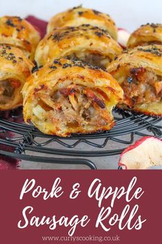 pork and apple sausage rolls on a wire rack with text overlay that reads pork and apple sausage rolls