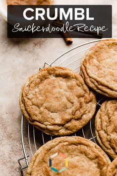 cookies on a wire rack with the words crumbl snickle - doodle recipe