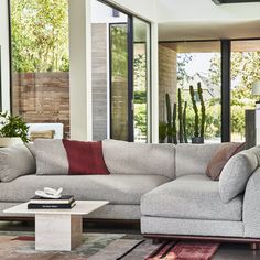 a living room filled with lots of furniture next to a large glass window covered in plants