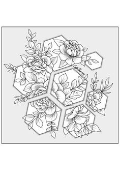 a drawing of flowers and hexagons on a white background