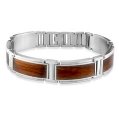 Stainless Steel 6-Link Bracelet with Koa Wood Inlay. The bracelet measures approximately 8.75" in length and 1/2" in width.