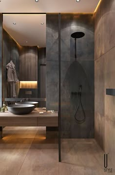 a bathroom with a sink, mirror and shower head in it's center wall