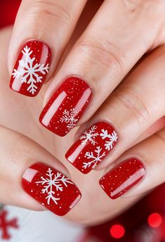 Step into a winter wonderland with these enchanting snowflake nails, perfect for the holiday season! ❄️✨ #NailArt #WinterNails #ChristmasNails #Snowflakes #RedNails #HolidayStyle Red Snowflakes Nails, Red And Snowflake Nails, Red With Snowflake Nails, Red Christmas Nails Snowflakes, Red And White Snowflake Nails, Christmas Nails2024, Red Nails With Snowflake Design, Red Nails With Snowflake, Christmasnails Snowflakes