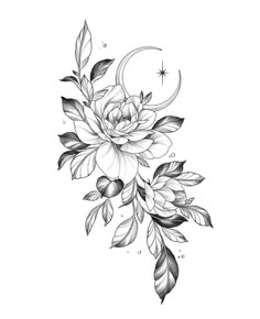 a black and white drawing of flowers with leaves on the bottom half of their petals